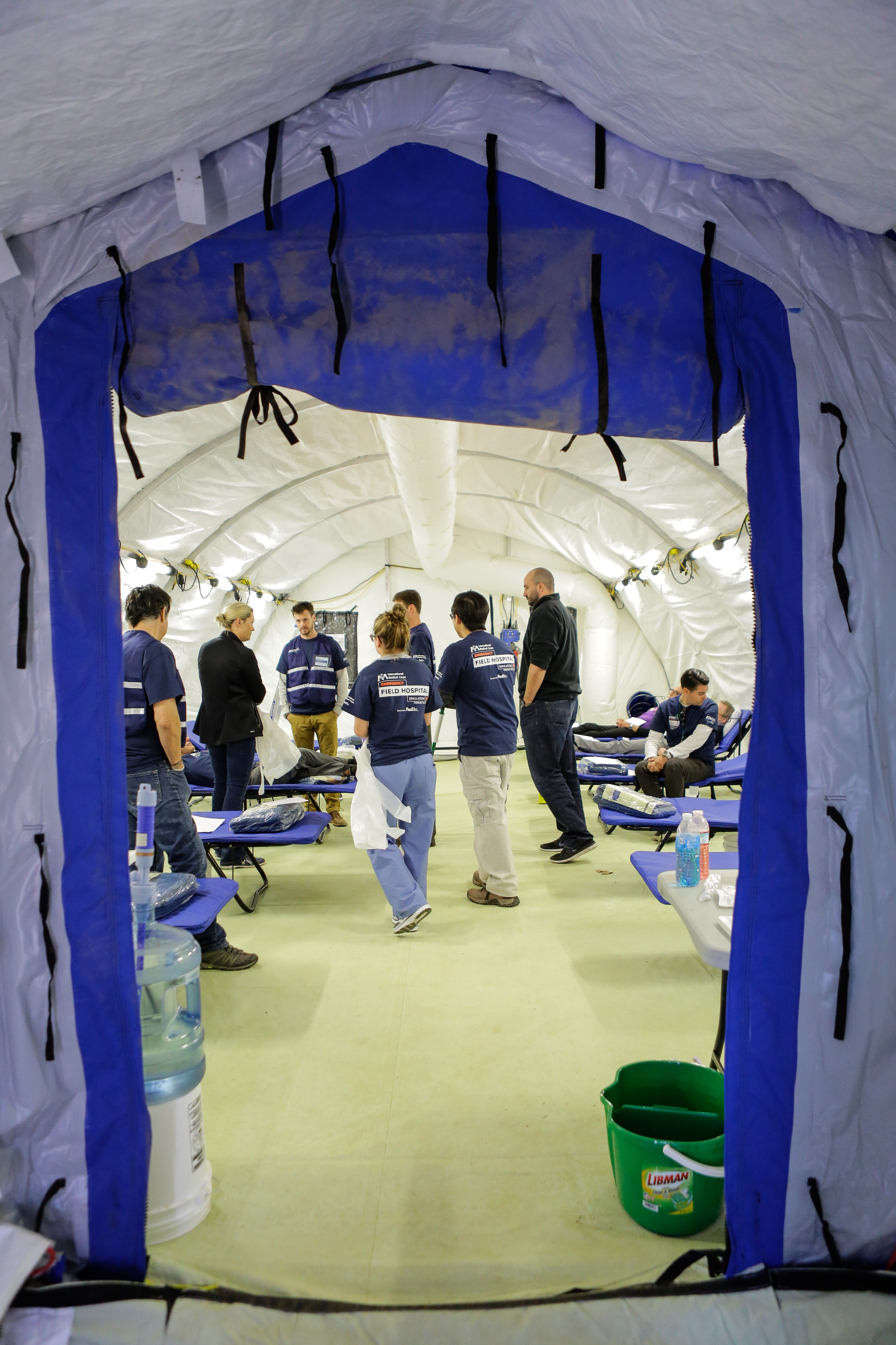 Simulation participants inside the field hospital Simulation participants inside the field hospital