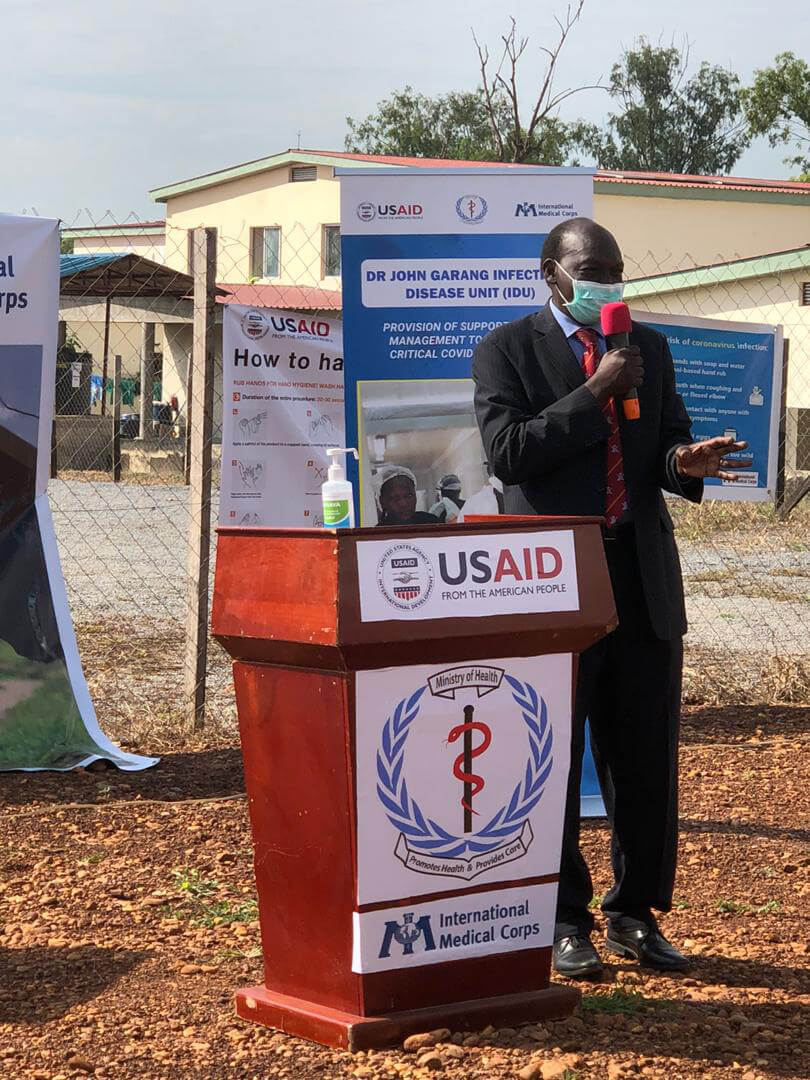 SS_01_IMG-20200710-WA0138 Ministry of Health Undersecretary Mayen Achiek delivering his remarks at the Juba Infection Disease Unit ribbon cutting ceremony.
