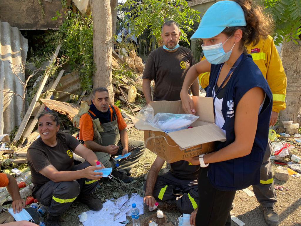 SSYIR2020_Photo-Aug-07,-8-48-05-PM-(4) To help prevent COVID-19, International Medical Corps field teams are distributing personal protective equipment and hygiene supplies to the volunteers who are cleaning up areas in Beirut affected by the port explosion.