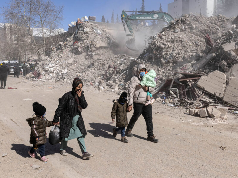 A displaced Turkish family seeks humanitarian aid distributions in Kahramanmaras, Turkey.
