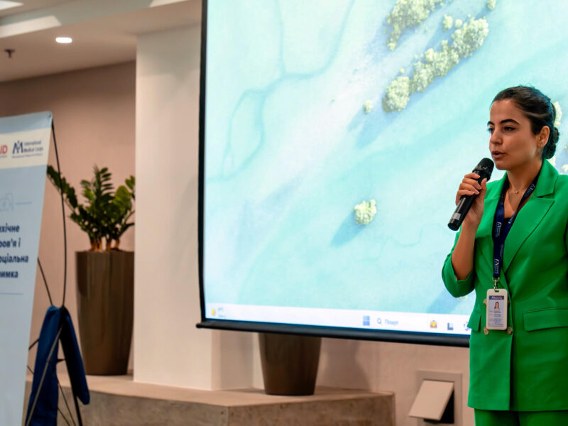 International Medical Corps MHPSS Specialist Zeinab Ajami addresses the workshop, which gave the participants the chance to reflect on their work over the past two-plus years in Lvivska oblast, while telling others about their organizations and what they’ve achieved.